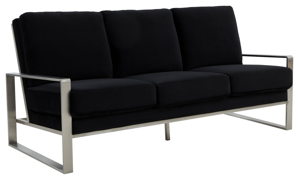 Leisuremod Jefferson Modern Design Velvet Sofa With Silver Frame Black