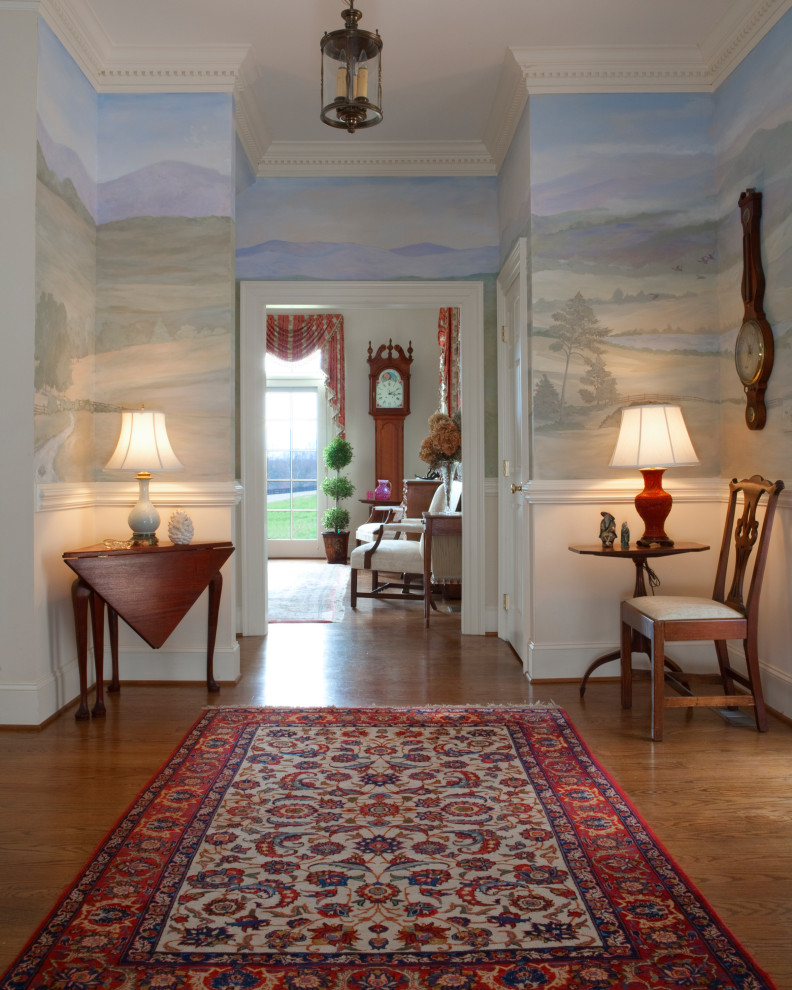 Mid-sized transitional hallway in DC Metro with multi-coloured walls and medium hardwood floors.
