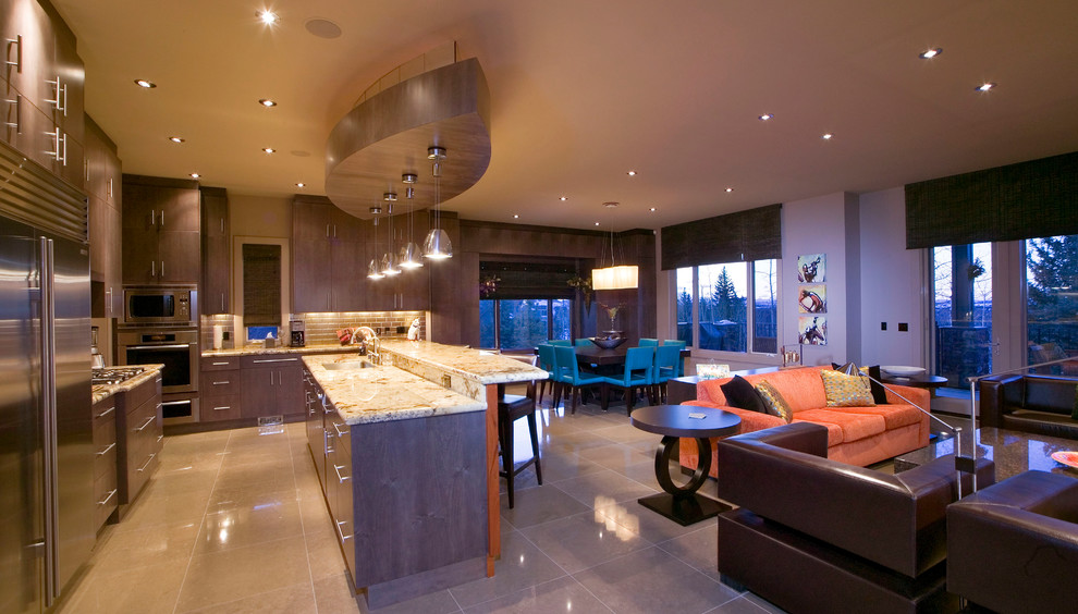 Inspiration for a kitchen remodel in Calgary with brown cabinets, stainless steel appliances and an island