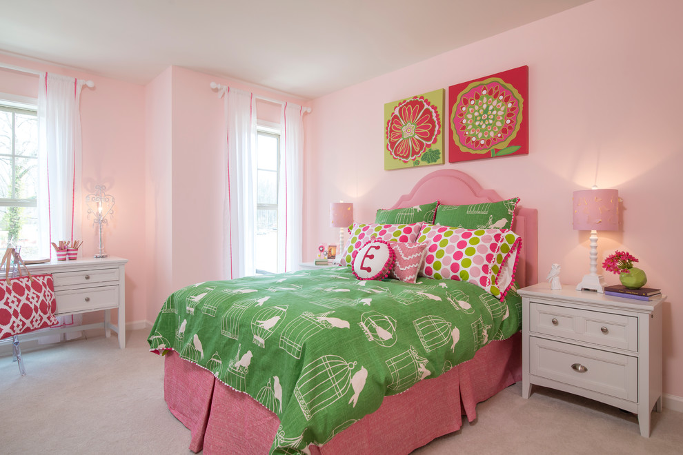 Inspiration for a mid-sized transitional guest bedroom in DC Metro with pink walls, carpet and no fireplace.