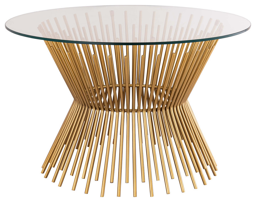 Gold Wire Coffee Table, 33" Round Glass Top Coffee Table, Glam Cocktail Table Contemporary