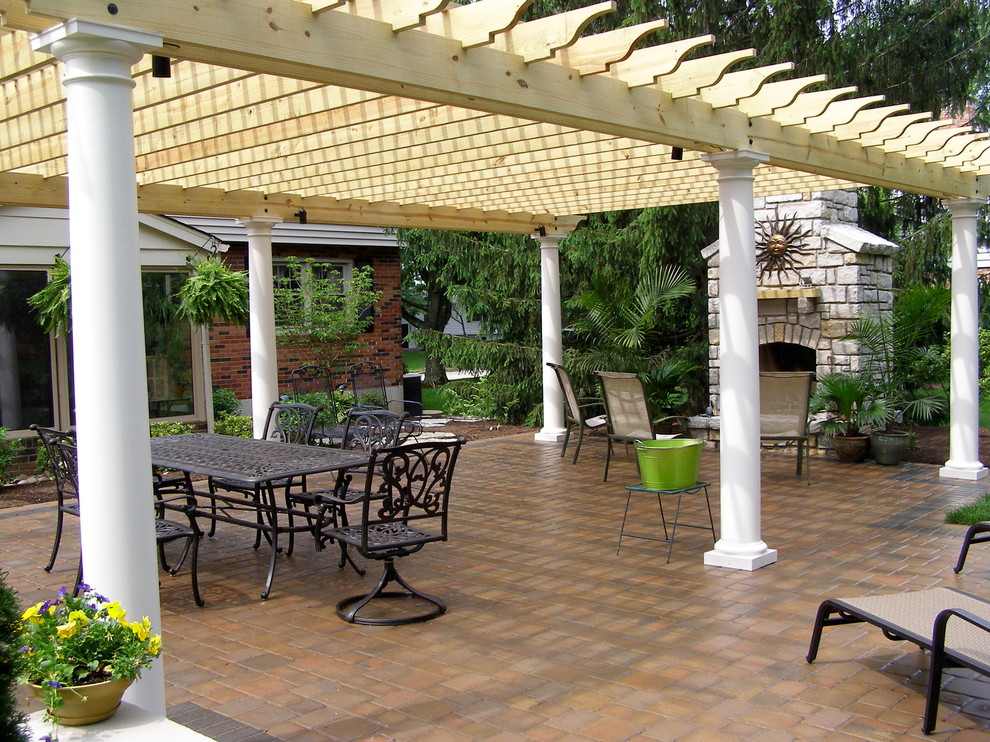 This is an example of a traditional backyard patio in Cincinnati with a fire feature and a pergola.