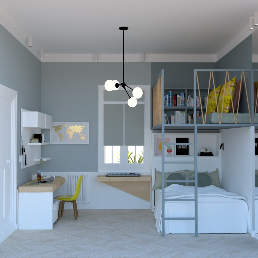 Inspiration för mellanstora barnrum kombinerat med sovrum, med blå väggar och ljust trägolv