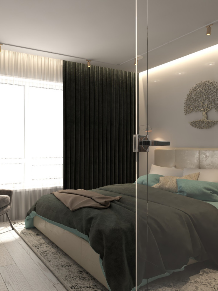 Двухкомнатная квартира со стеклом между гостиной и спальней