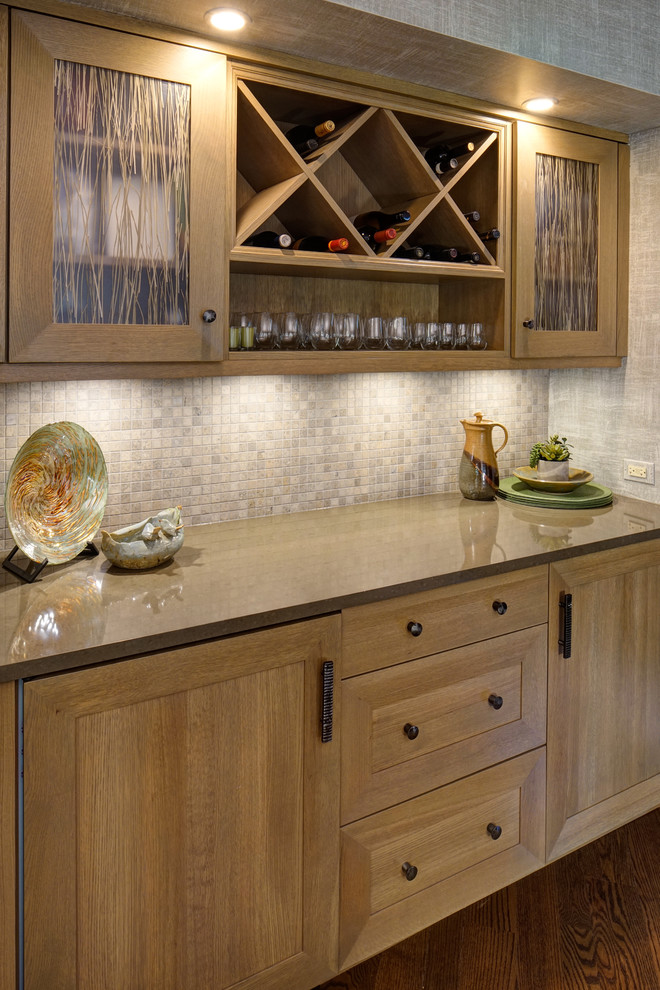 Transitional medium tone wood floor eat-in kitchen photo in Chicago with a double-bowl sink, shaker cabinets, medium tone wood cabinets, quartz countertops, gray backsplash, stone tile backsplash, stainless steel appliances and an island