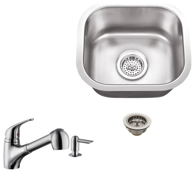 18 Gauge Single Bowl Bar Sink Low Profile Pull Out Kitchen Faucet