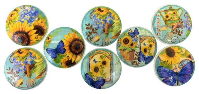 8 Piece Set Sunflowers On Blue Print Cabinet Knobs Farmhouse