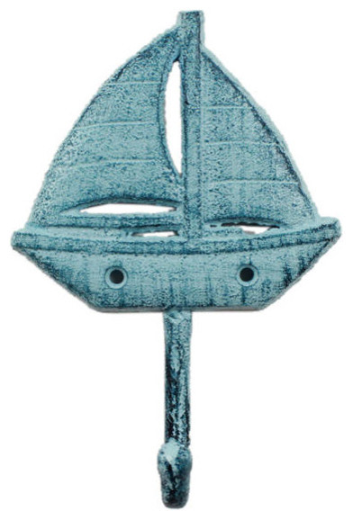 Rustic Dark Blue Whitewashed Cast Iron Sailboat Wall Hook 7"