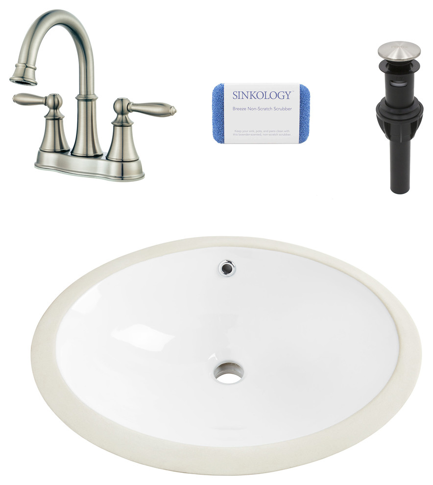 Louis Oval Undermount Bathroom Sink, White, Courant Brushed Nickel Faucet