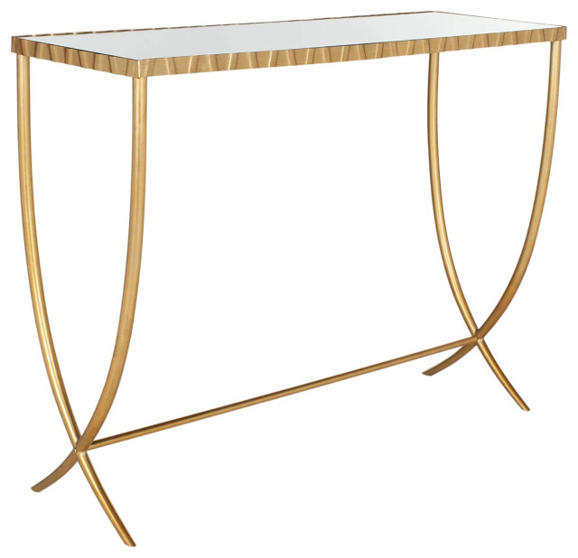 Contemporary Console Table, Metal Frame With Mirrored Top & Textured Finish Industrial