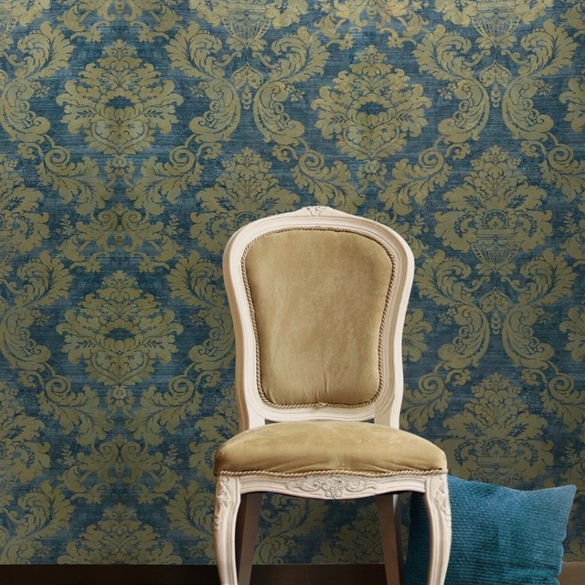 Wallpaper Blue Gold Metallic rustic Damask plaster Textured, 21 Inc X ...