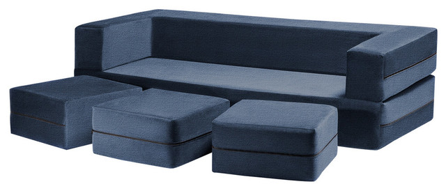 Zipline Convertible Sofa Bed and Ottomans With Washable Cover, 4-Piece Set, Mari