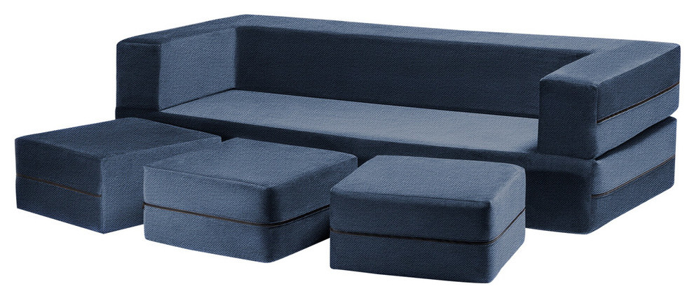 Zipline Convertible Sofa Bed and Ottomans With Washable Cover, 4-Piece Set, Mari