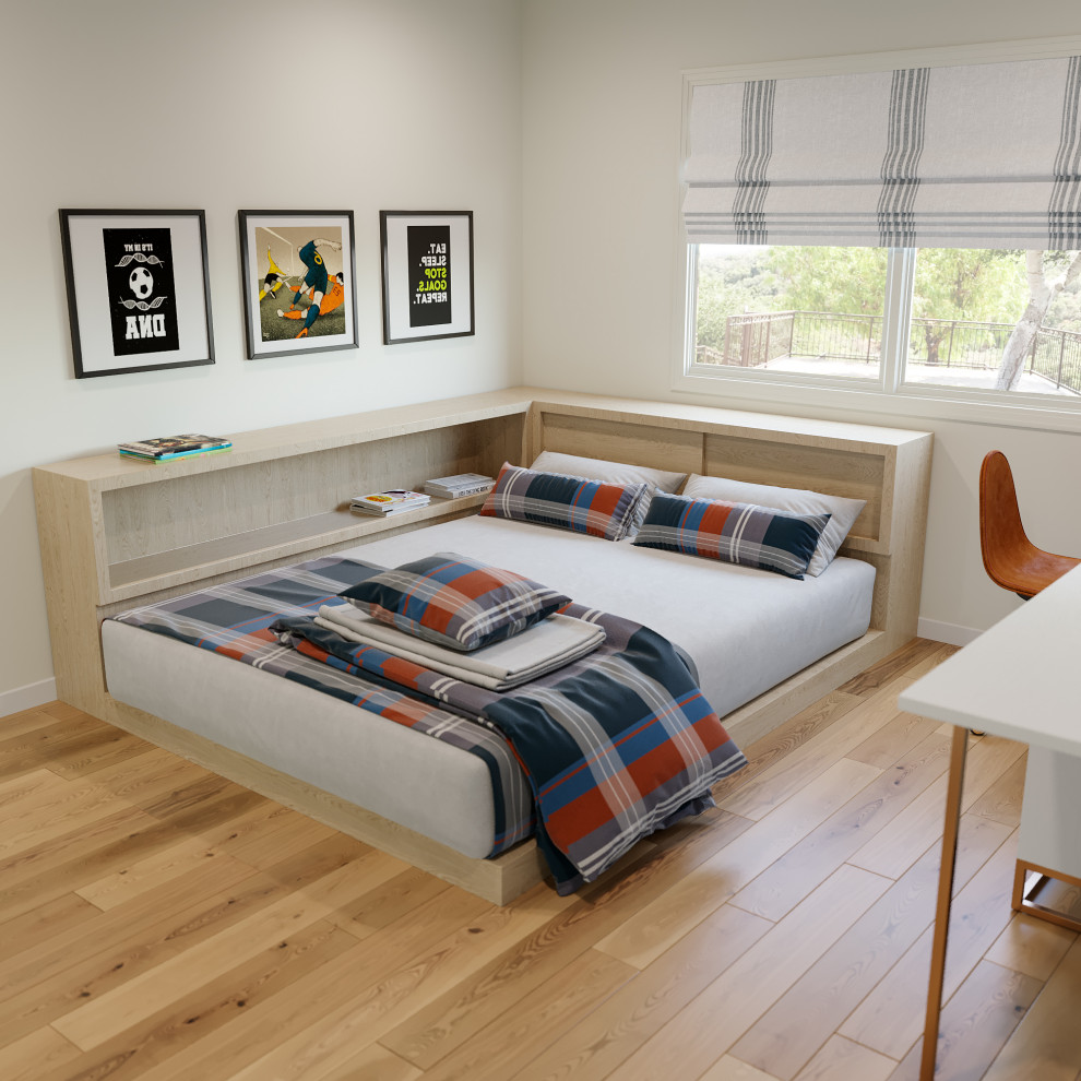 Aménagement d'une grande chambre d'amis moderne avec un mur multicolore, un sol en bois brun et un sol beige.