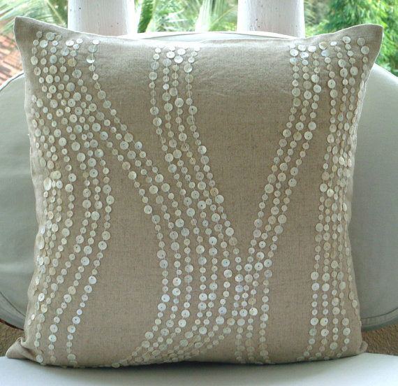 Linen Pillow Cover Embroidered With Pearls by The Home Centric