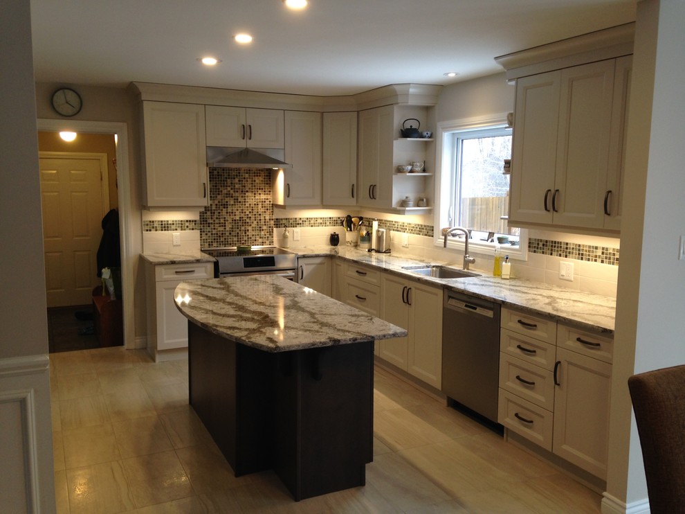 Eat-in kitchen - mid-sized transitional ceramic tile eat-in kitchen idea in Ottawa with an undermount sink, recessed-panel cabinets, quartz countertops, stainless steel appliances and an island