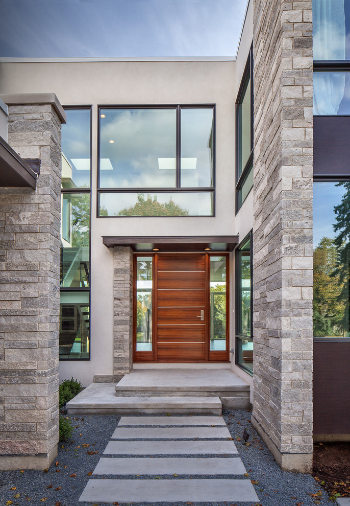 This is an example of a mid-sized contemporary front door in Chicago with white walls, dark hardwood floors, a pivot front door and a medium wood front door.