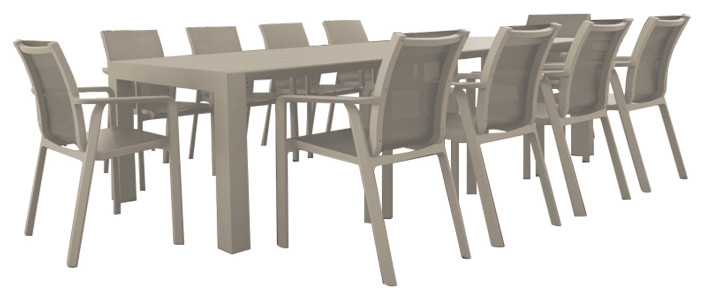 Pacific 11-Piece Dining Set, Table and Arm Chairs, Taupe Frame/Taupe Sling