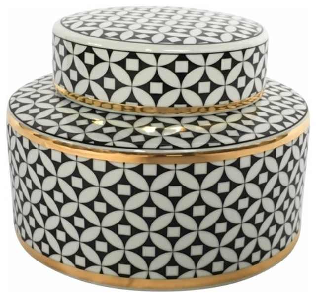 Modish Ceramic Covered Jar With Lid, Black and White Contemporary