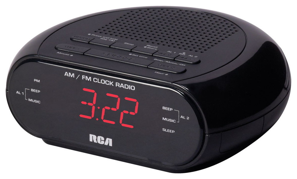 RCA RC205 Dual Wake AM/FM Radio Alarm Clock with 0.6" Red LED Display, Black