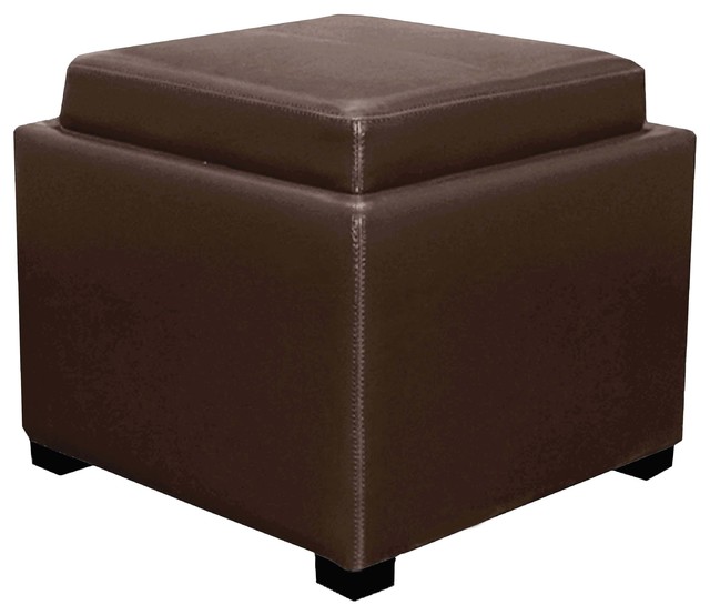 Cameron Bicast Leather Ottoman With, Brown Leather Cube Storage Ottoman With Tray