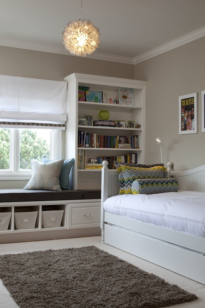 Transitional gender-neutral kids' bedroom in San Francisco with grey walls.