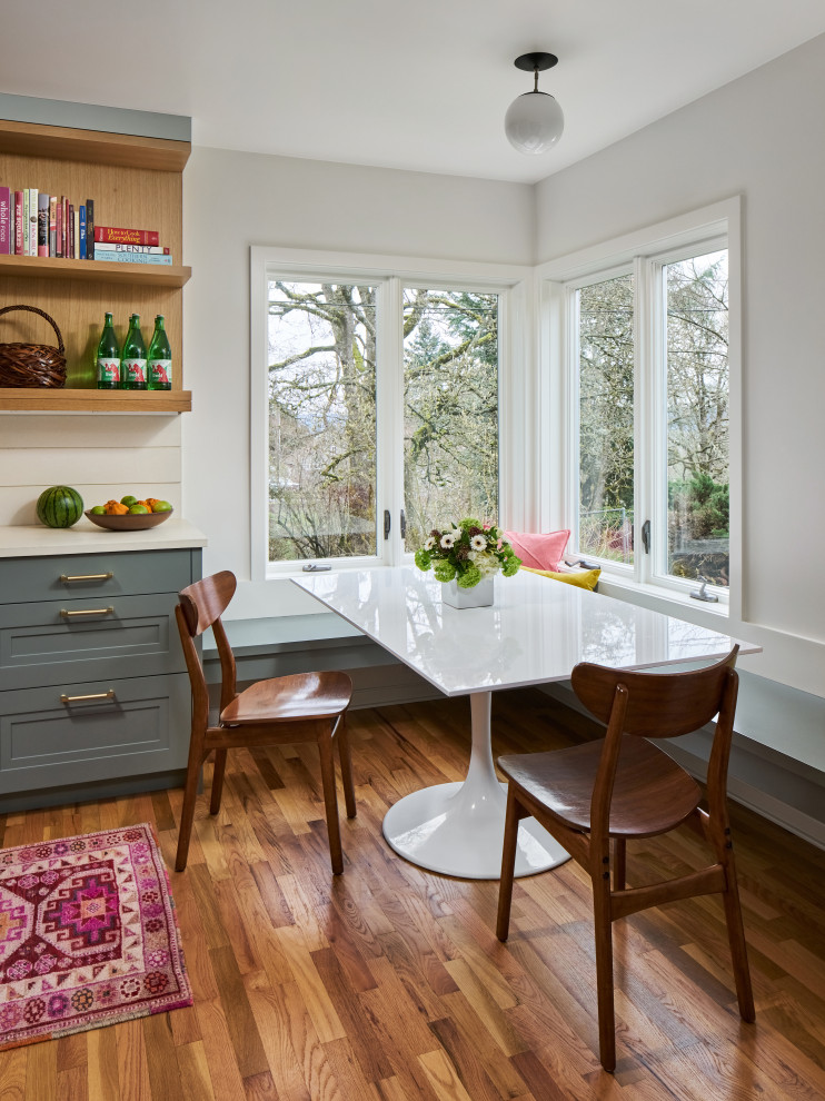 Inspiration for a small transitional dining room in Portland with medium hardwood floors.
