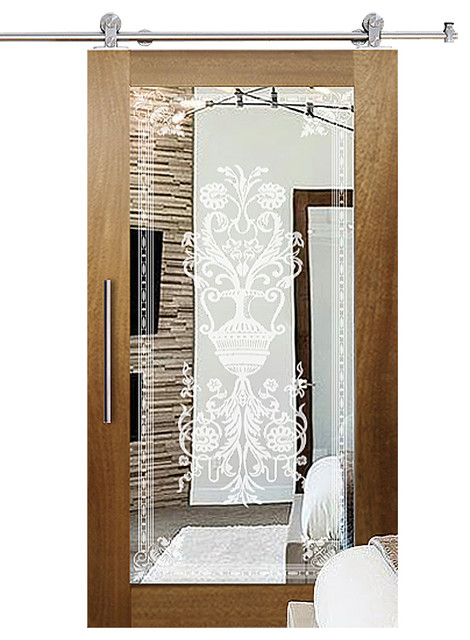 Solid Tropical Oak Sliding Barn Door With Mirror Insert 38 X81 Frosted Design