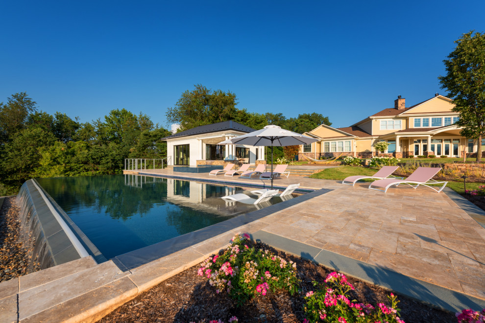 Pool house - transitional backyard rectangular infinity pool house idea in DC Metro