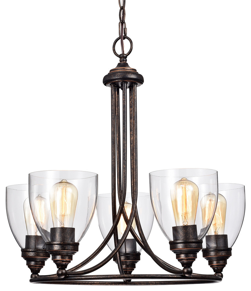 5-Light Antique Copper Industrial Chandelier With Clear ...