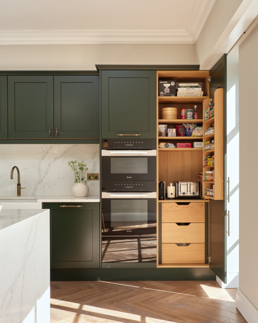 Green Shaker Kitchen, Cream Bar area, Utility and Walk in Wardrobe transitional-kitchen