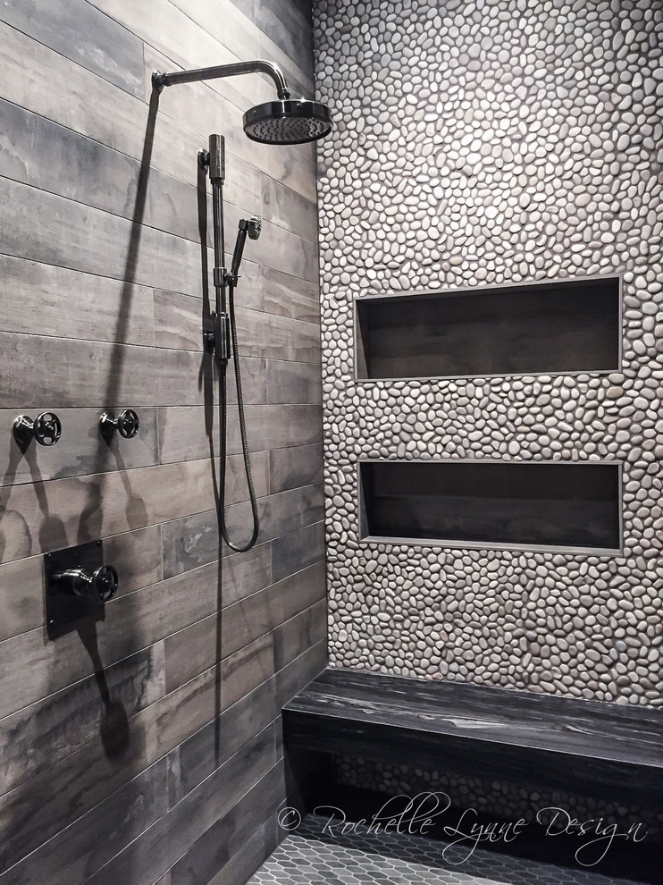 Inspiration for a huge rustic kids' multicolored tile mosaic tile floor doorless shower remodel