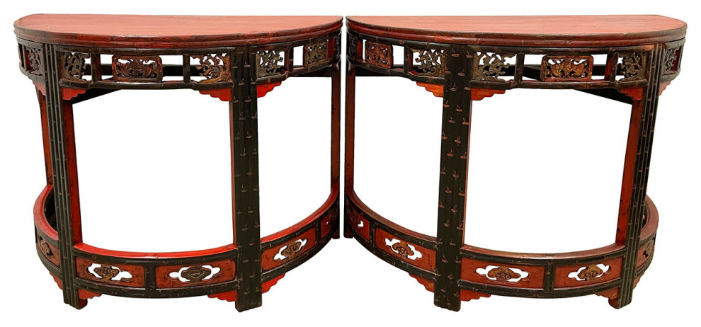 Consigned 19th Century Antique Chinese Carved Red lacquered Half Moon Tables