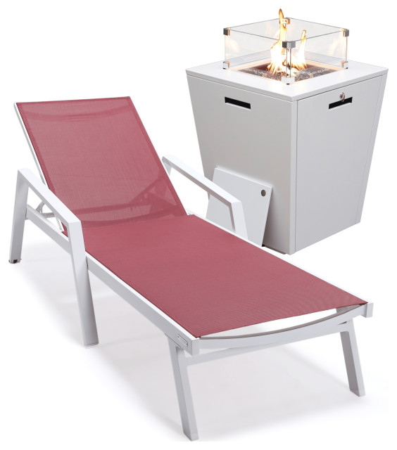 LeisureMod Marlin White Aluminum Outdoor Lounge Chair and Fire Pit
