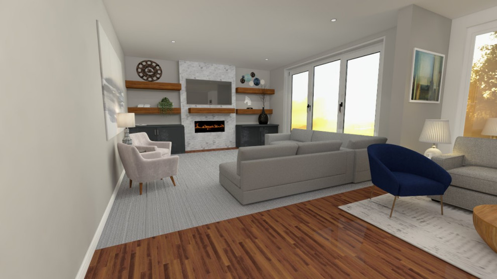 Стильный дизайн: изолированная гостиная комната среднего размера в современном стиле с фасадом камина из камня и телевизором на стене - последний тренд