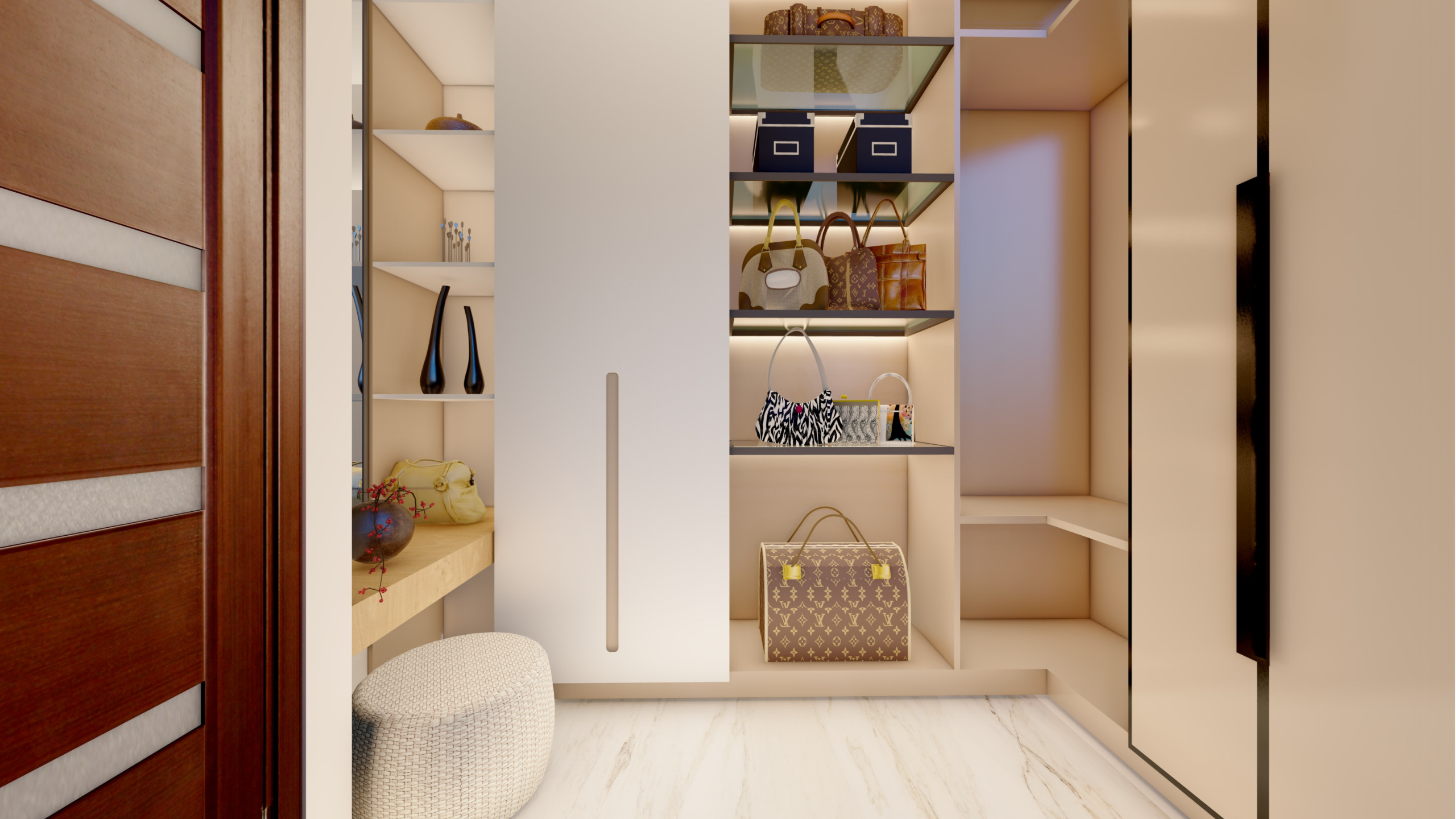 Luxe Minimalist Walk-In Closet with Custom Built-Ins in Dorking