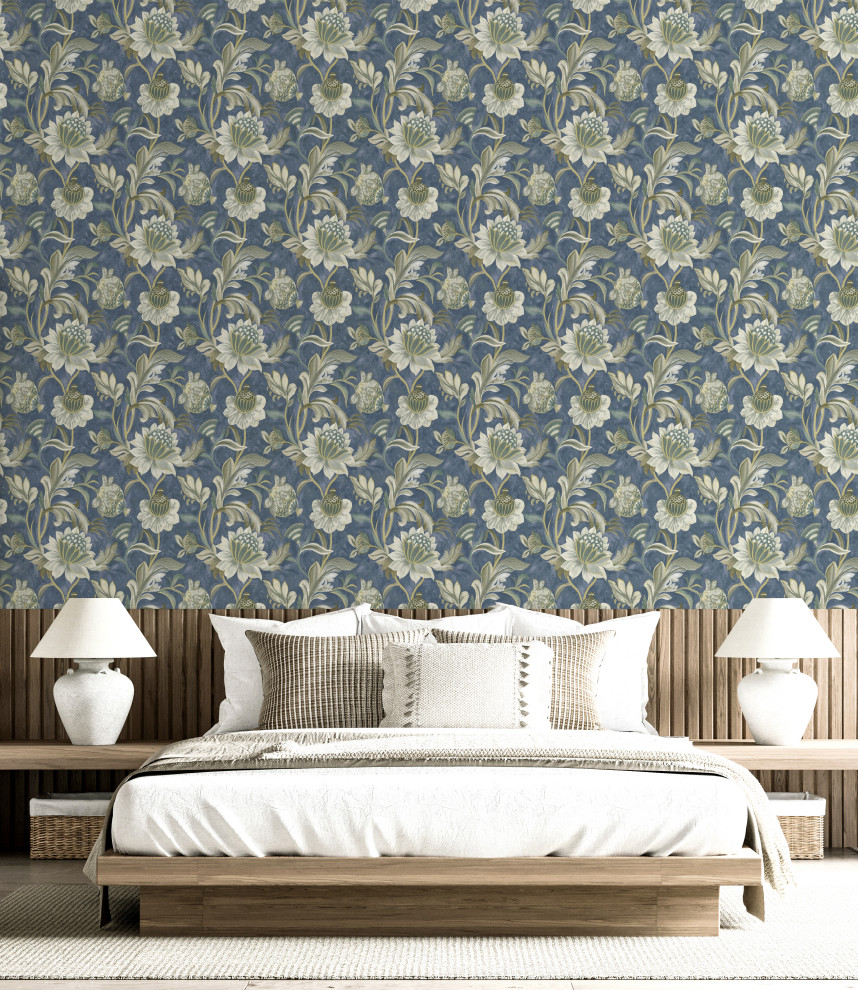 Jacobean Style Floral Non Woven Wallpaper, Navy, Double Roll