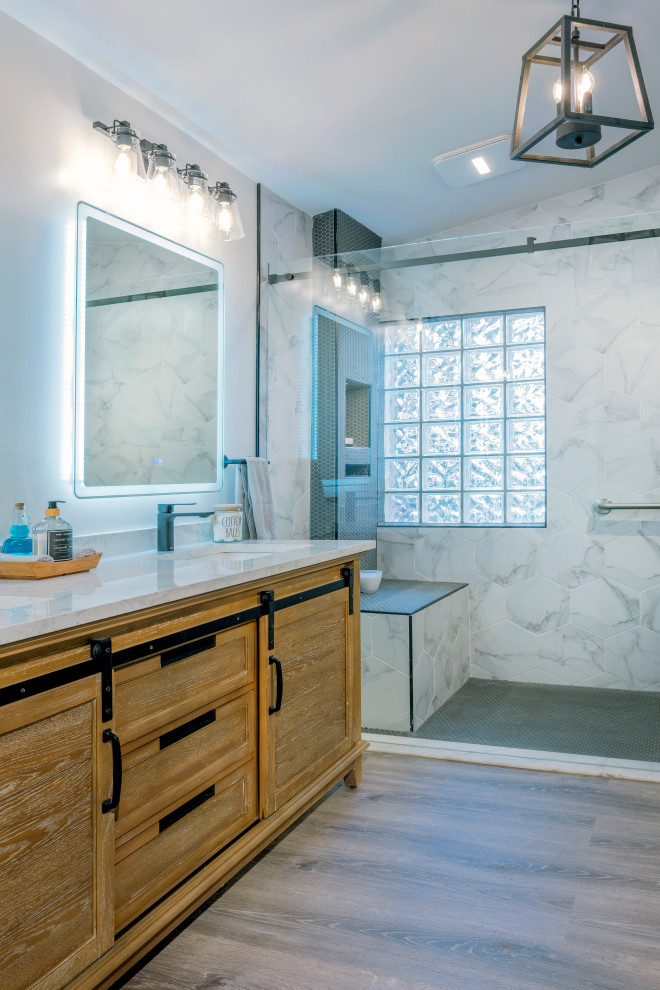 Inspiration for an urban bathroom in Miami with shaker cabinets, light wood cabinets, multi-coloured tiles, porcelain tiles, a submerged sink, solid surface worktops, a sliding door, multi-coloured worktops, double sinks and a freestanding vanity unit.