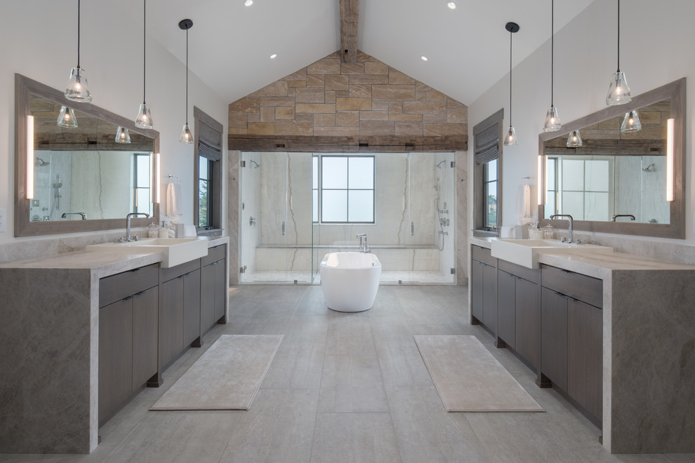 Design ideas for a country master bathroom in Other with flat-panel cabinets, dark wood cabinets, a freestanding tub, a vessel sink, a double shower, white walls, quartzite benchtops, beige floor and grey benchtops.