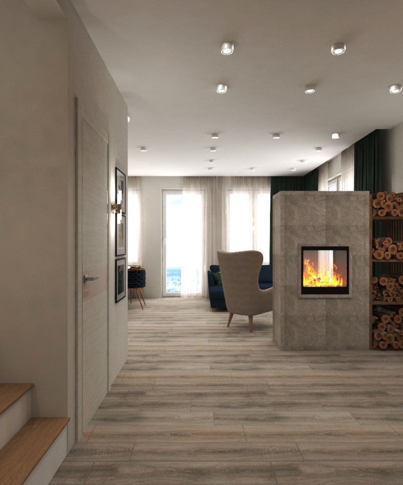 Дизайн кухни-гостиной с тропическими обоями