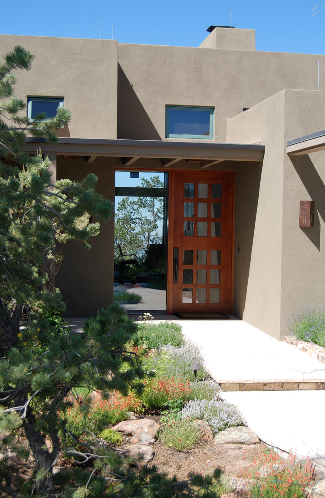Mid-sized contemporary front door in Albuquerque with a single front door and a glass front door.