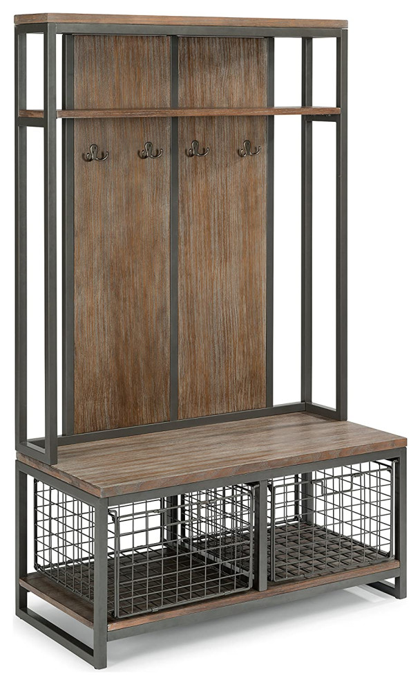 Industrial Hall Tree, 4 Double Hooks & 2 Removable Wire Baskets