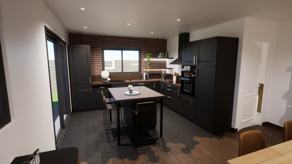 Inspiration for a large urban l-shaped open plan kitchen in Le Havre with black cabinets, wood worktops, black appliances, an island and brown worktops.