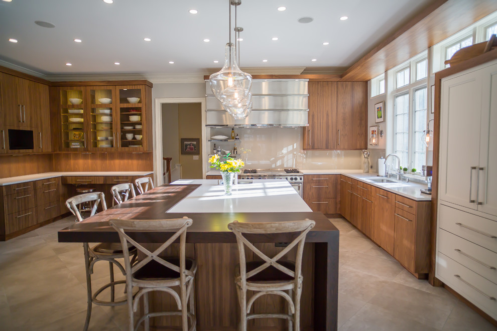 Open concept kitchen - large transitional l-shaped beige floor open concept kitchen idea in DC Metro with an undermount sink, flat-panel cabinets, medium tone wood cabinets, beige backsplash, stainless steel appliances and an island