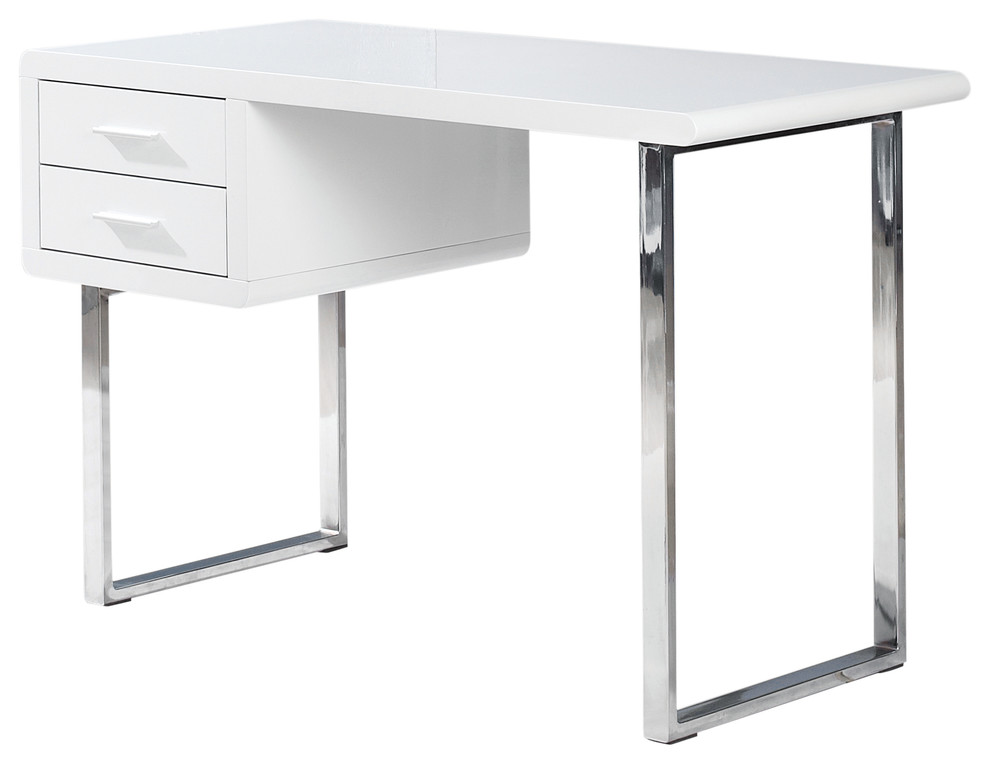 Modern White High Gloss Computer Desk With 2 Drawers Contemporary