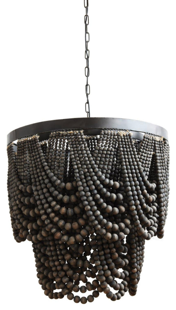 Rustic Chandelier, Metal Frame With Decorative Wooden Beads & 3 Lights, Black