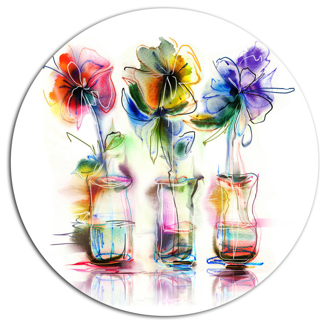Abstract Flowers In Glass Vases, Floral Disc Metal Artwork