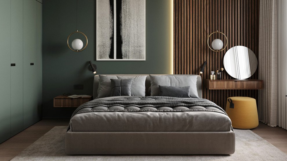 Inspiration for a small contemporary master bedroom in Moscow with green walls, light hardwood floors, no fireplace, beige floor and wood walls.