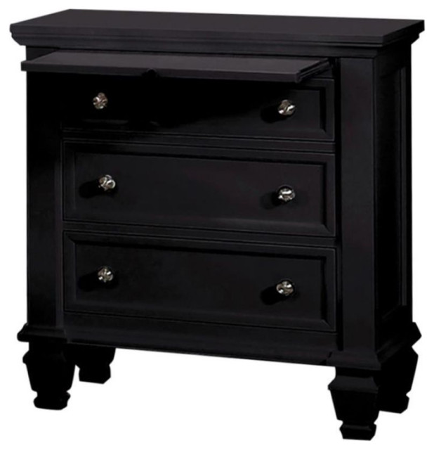 Wood Nightstand with 3 Drawers, Black Traditional Nightstands And