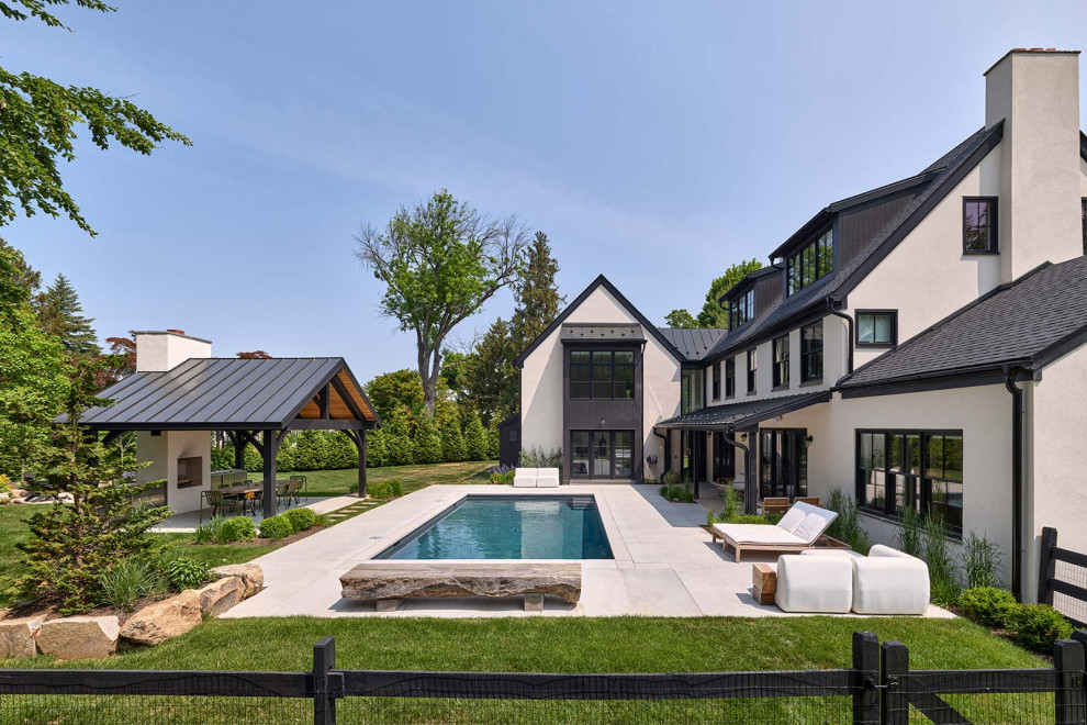 Pool house - mid-sized modern backyard concrete and rectangular aboveground pool house idea in Philadelphia